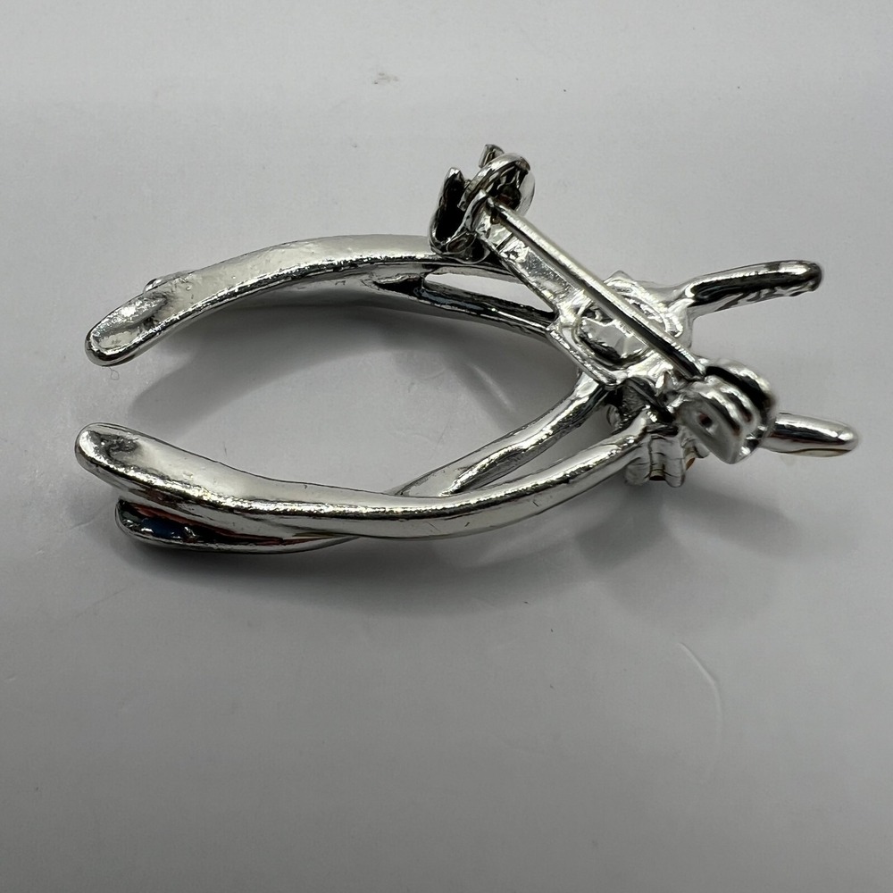 Vintage Double Wishbone Brooch Faux Pearl Blue Rhinestone Silver Tone‎ Pin - Picture 7 of 7